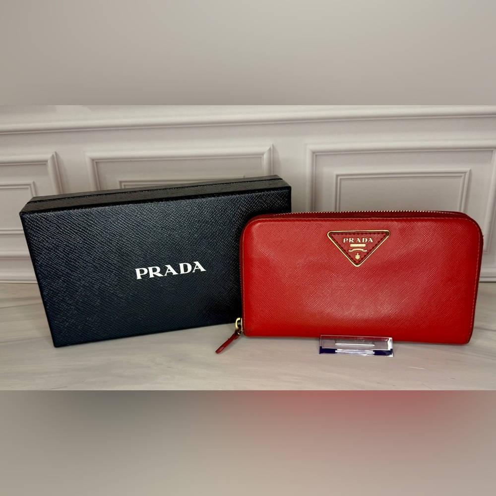 Prada Saffiano Red Zip-Around Long Wallet – Very Good Condition